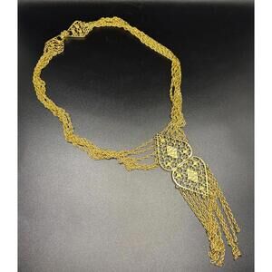 Vintage 1960s Etruscan Filagree Multi Chain Tassel Necklace Goldtone